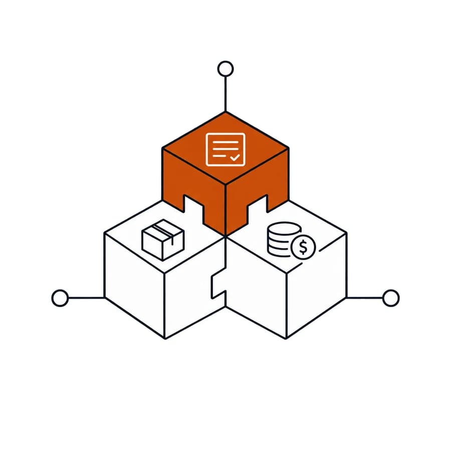 Illustration of interlocking blocks representing orders, stock and finance