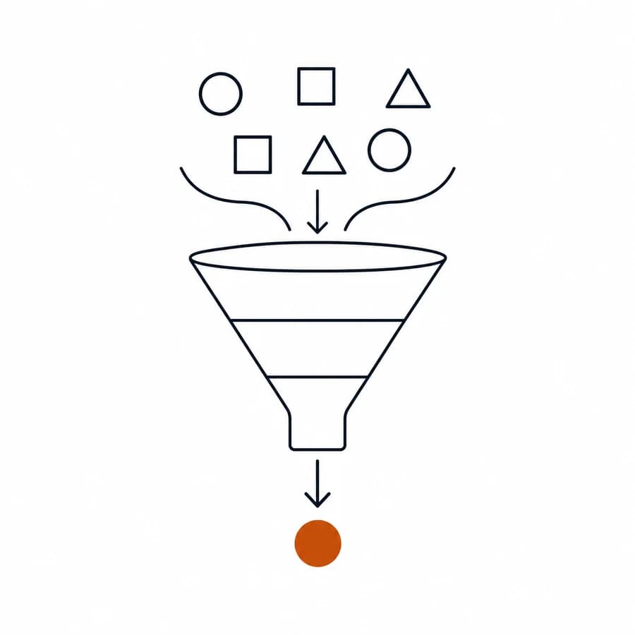 Illustration of a marketing funnel turning many leads into one result